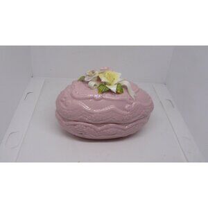 Vintage Pink Ceramic Trinket Box with Floral Lid Design see